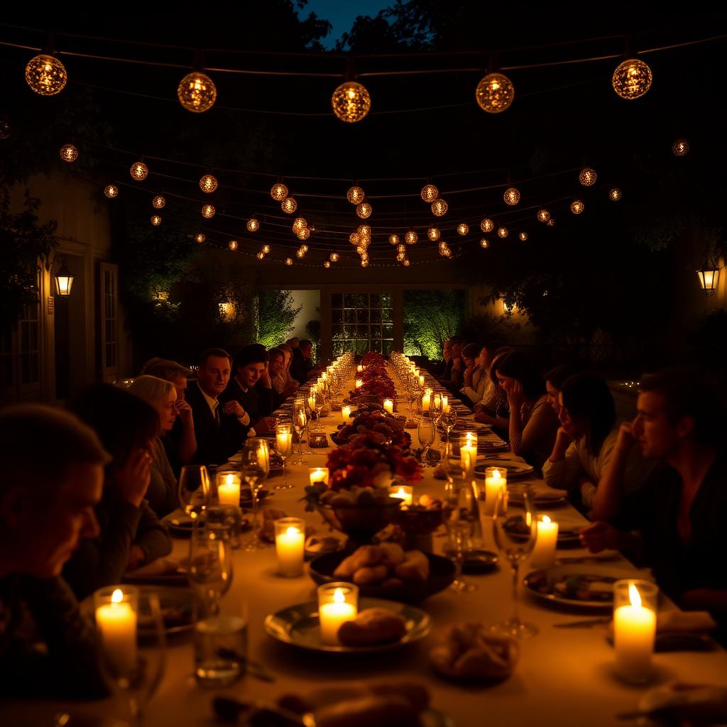 A candlelit long table with amber lighting overhead