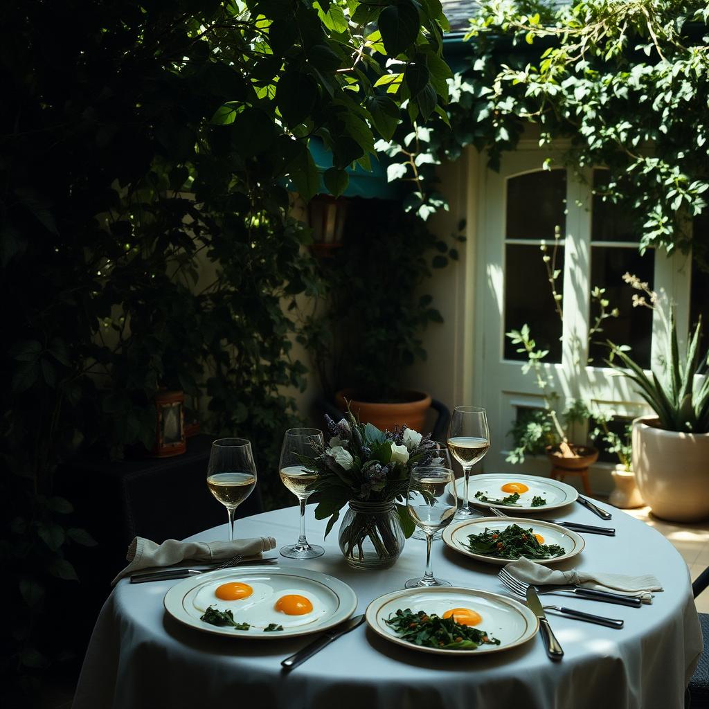 Garden brunch table under ivy