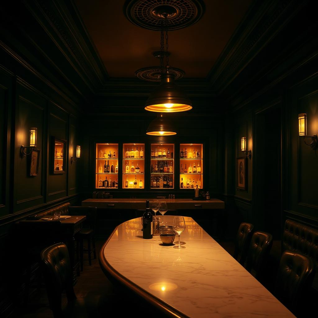 Amber-lit hidden dining room